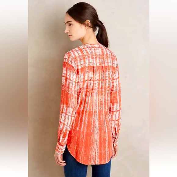 Anthro Red-Orange Abstract Print Pin-tuck Babydoll Peasant Blouse Top - Picture 6 of 11